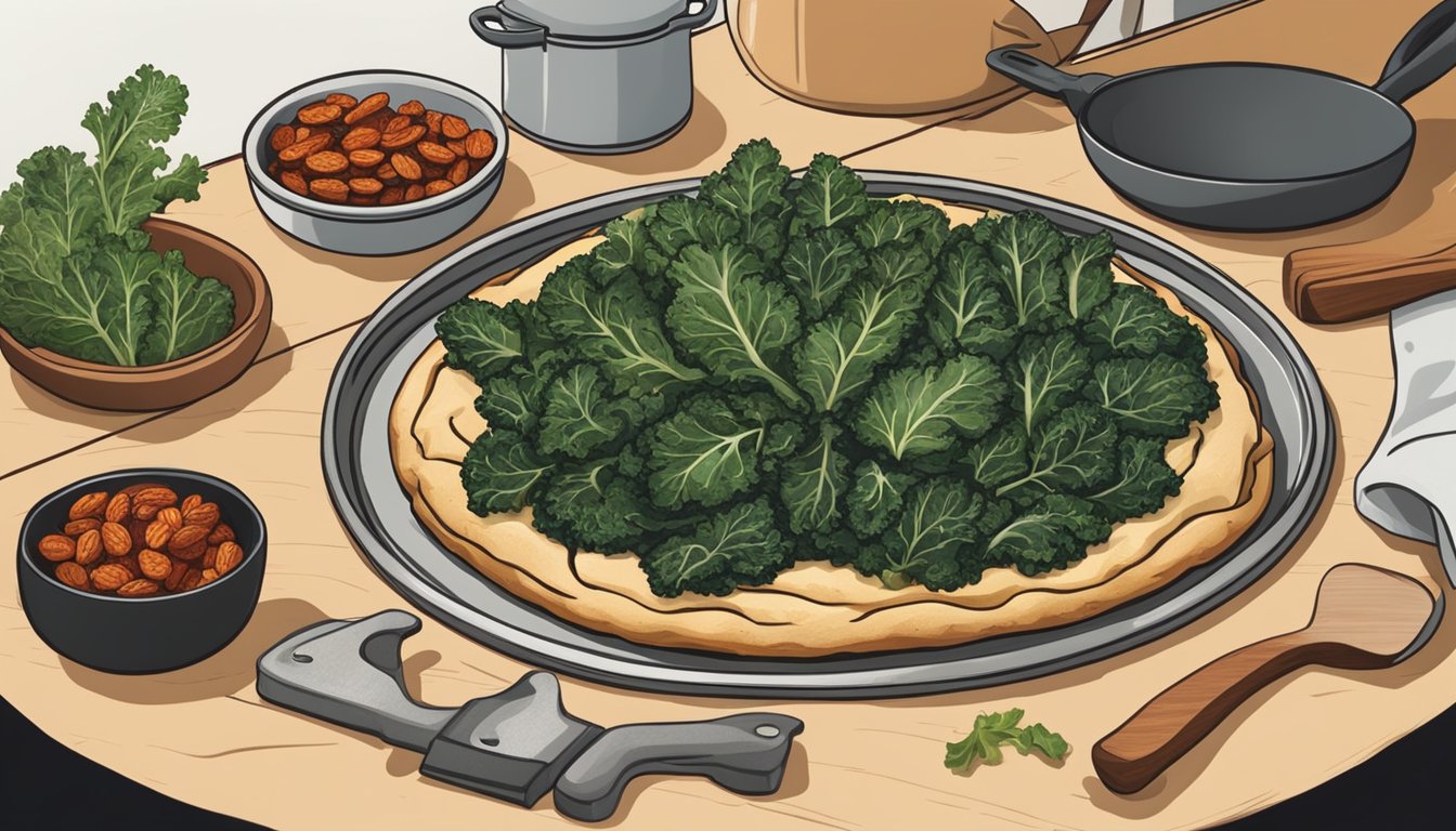 A rustic kitchen scene with a Texan-style kale and sundried tomato galette being prepared, showcasing traditional baking techniques