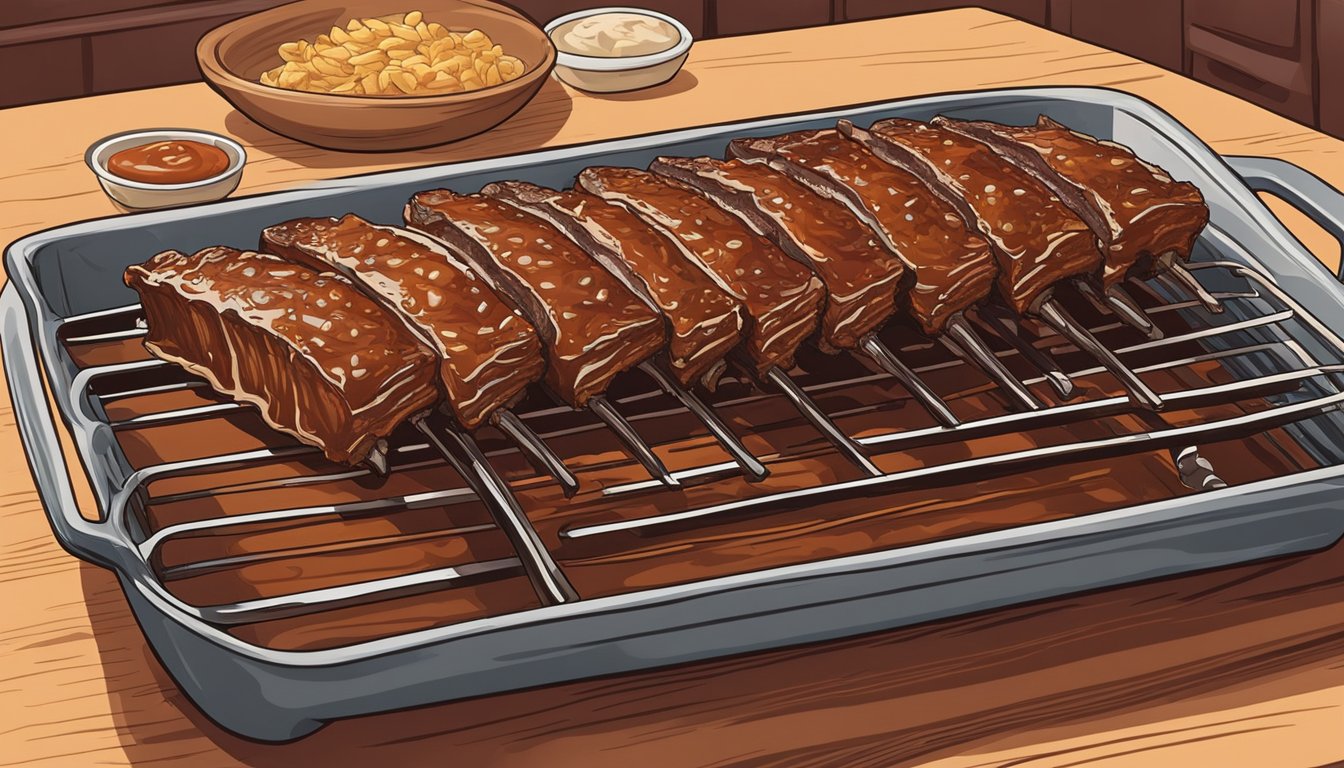 A rack of ribs covered in homemade Texas-style BBQ sauce, cooking in the oven until they are fall-off-the-bone tender