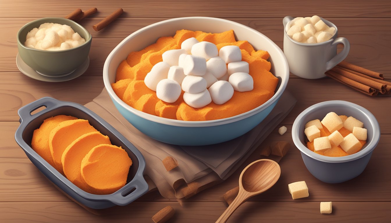 A bowl of mashed sweet potatoes topped with baked marshmallows, surrounded by ingredients like butter, cinnamon, and brown sugar on a wooden table