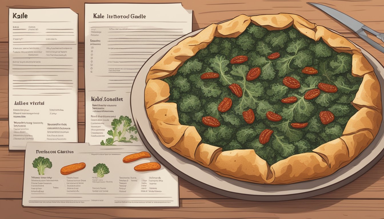 A rustic kale and sundried tomato galette with nutritional information displayed next to it on a wooden table