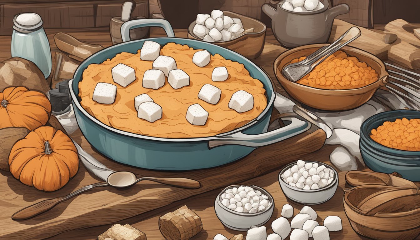 A rustic kitchen counter with a serving dish of mashed sweet potatoes topped with baked marshmallows, surrounded by various cooking utensils and ingredients