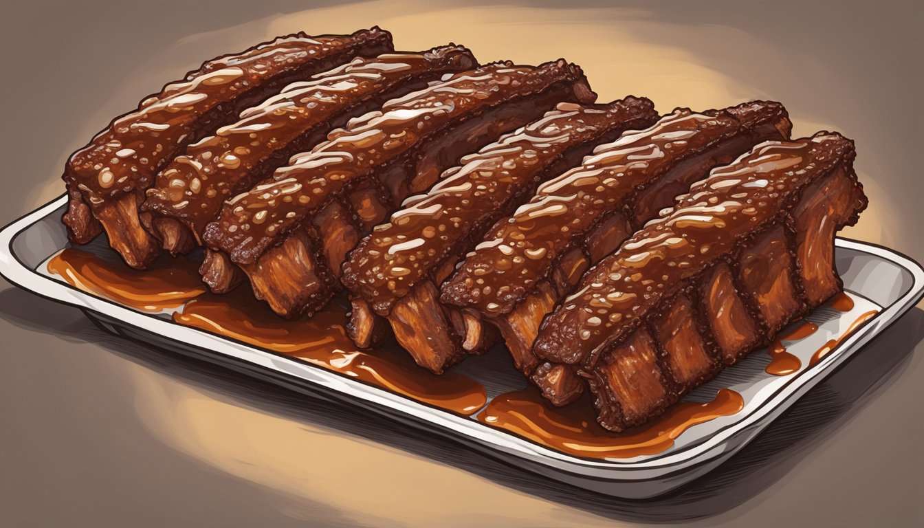 A rack of fall-off-the-bone BBQ ribs coated in Texas-style sauce, glistening and sizzling in the oven