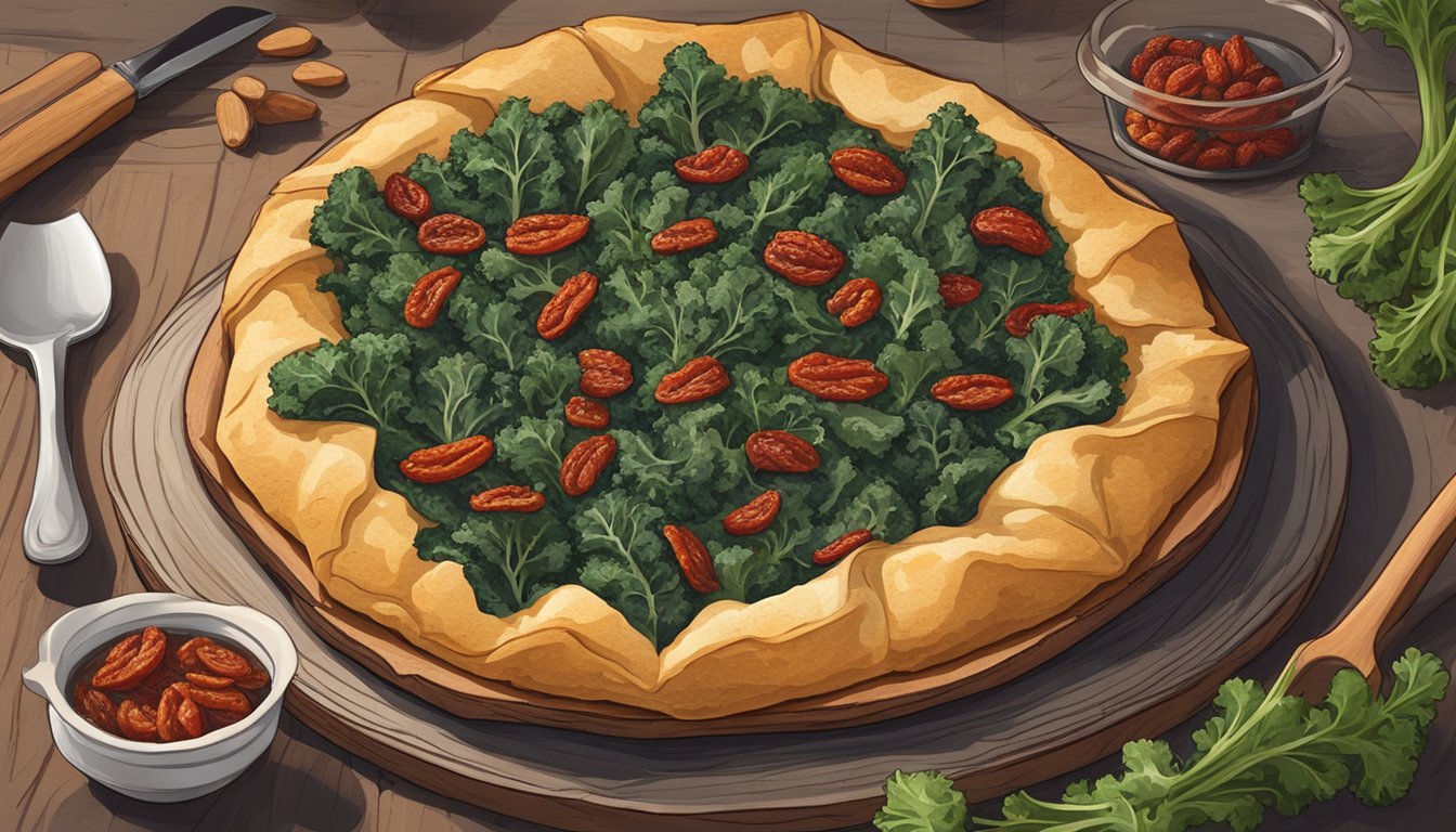 A rustic, Texas-style galette with kale and sundried tomatoes on a wooden serving platter