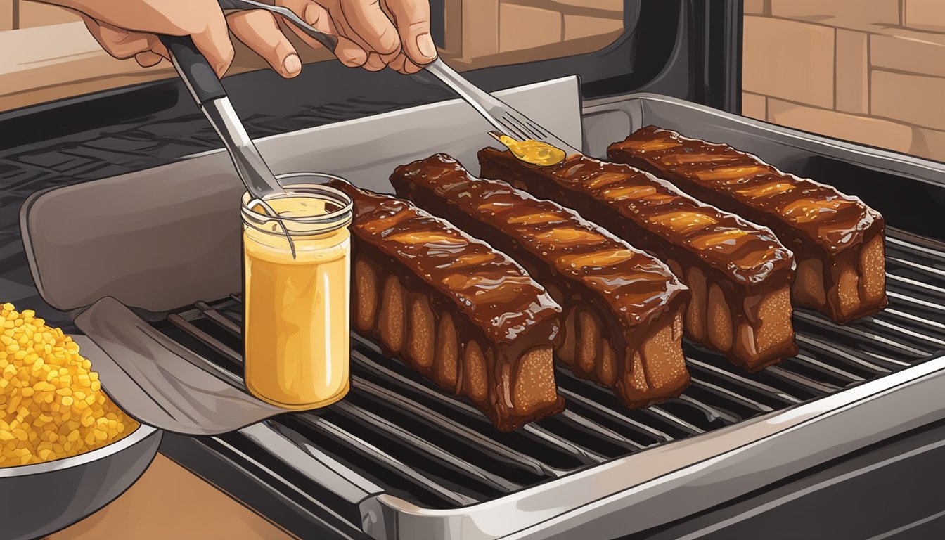 A rack of Texas-style fall-off-the-bone BBQ ribs being removed from the oven, with a golden brown glaze and a side of cornbread