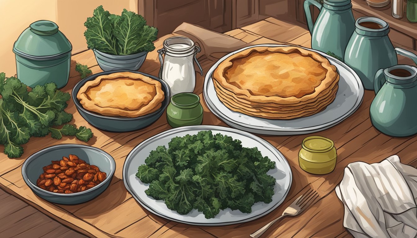 A rustic kitchen table with a freshly baked kale and sundried tomato galette, surrounded by Texas-style decor and storage jars