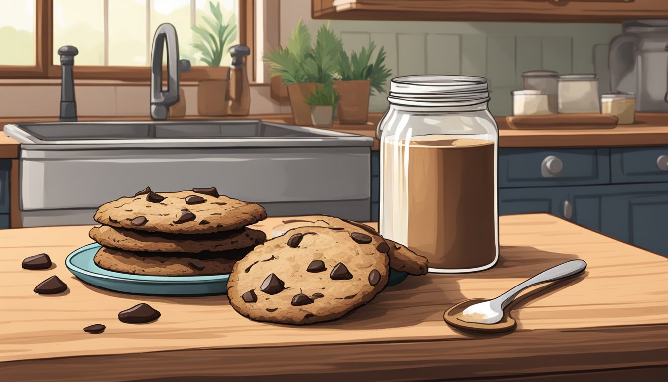 A rustic kitchen with a wooden table holding a plate of Texas-style paleo chocolate chip cookies. A jar of almond flour and a bowl of coconut sugar sit nearby