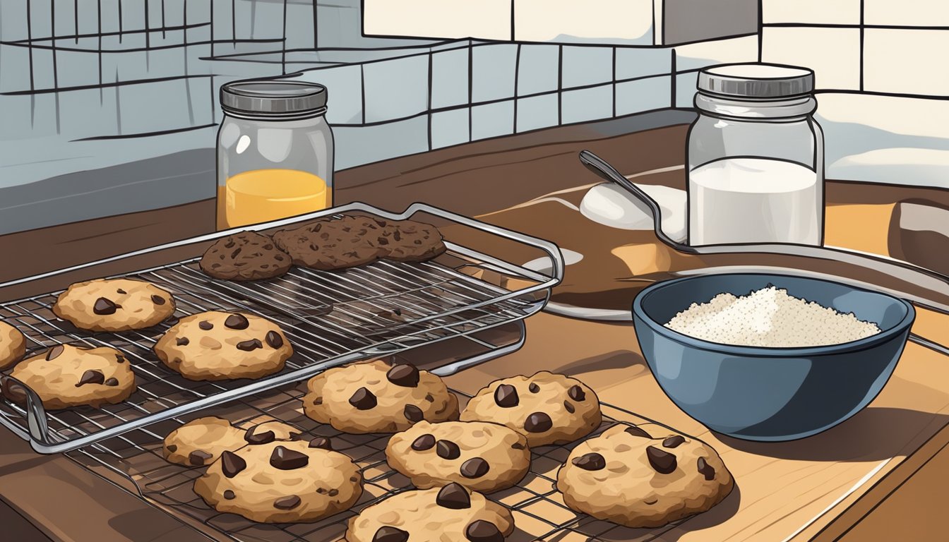 A rustic kitchen counter with a mixing bowl filled with almond flour, coconut oil, maple syrup, and dark chocolate chips. A tray of freshly baked paleo chocolate chip cookies cooling on a wire rack