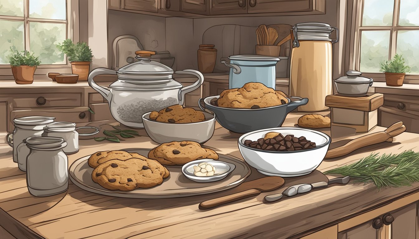 A rustic kitchen with ingredients and utensils laid out for baking paleo chocolate chip cookies in Texas style