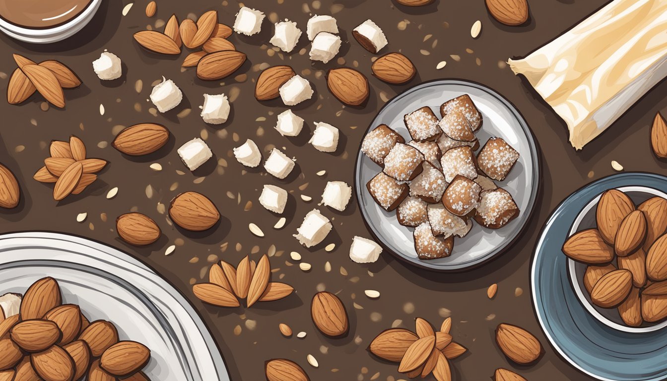 A rustic wooden table with a plate of Texas-style almond joy bites, surrounded by scattered almonds and coconut shavings