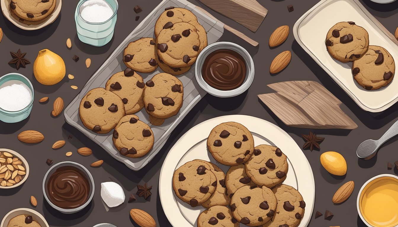 A rustic kitchen table with a plate of Texas-style paleo chocolate chip cookies, surrounded by ingredients like almond flour, coconut oil, and dark chocolate chunks