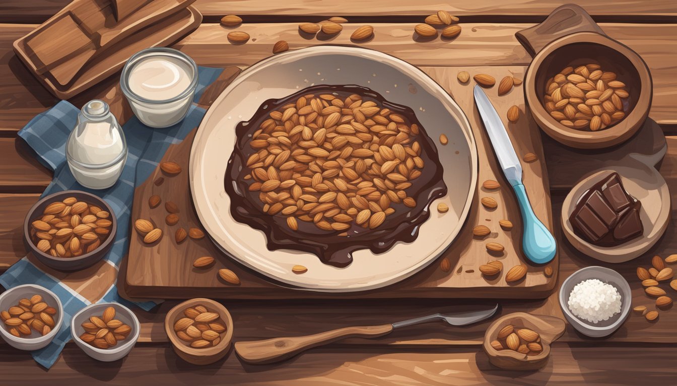 A rustic kitchen with a wooden cutting board, scattered almonds, and a bowl of melted chocolate, surrounded by Texas-themed decor