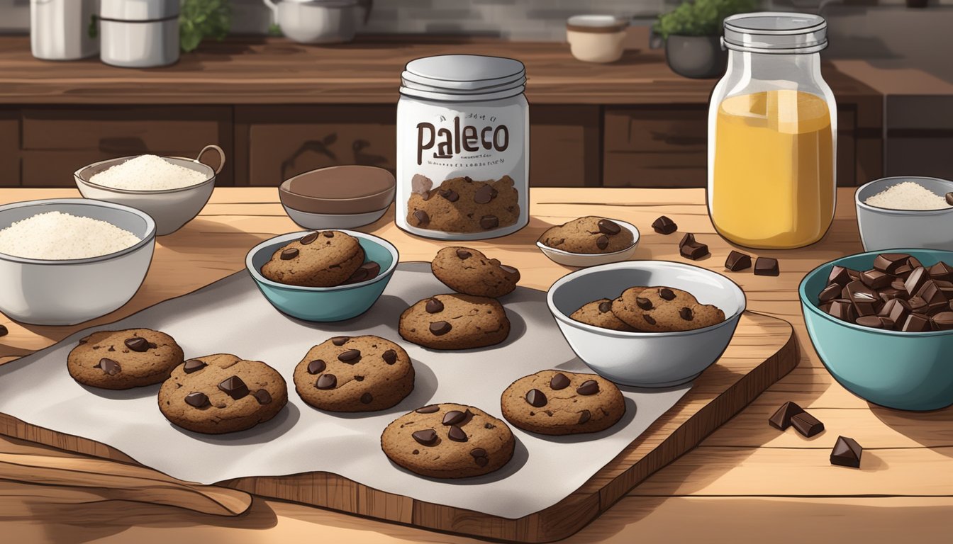 A rustic kitchen counter with a wooden cutting board holding a batch of Texas-style paleo chocolate chip cookies, surrounded by bowls of almond flour, coconut oil, and dark chocolate chunks