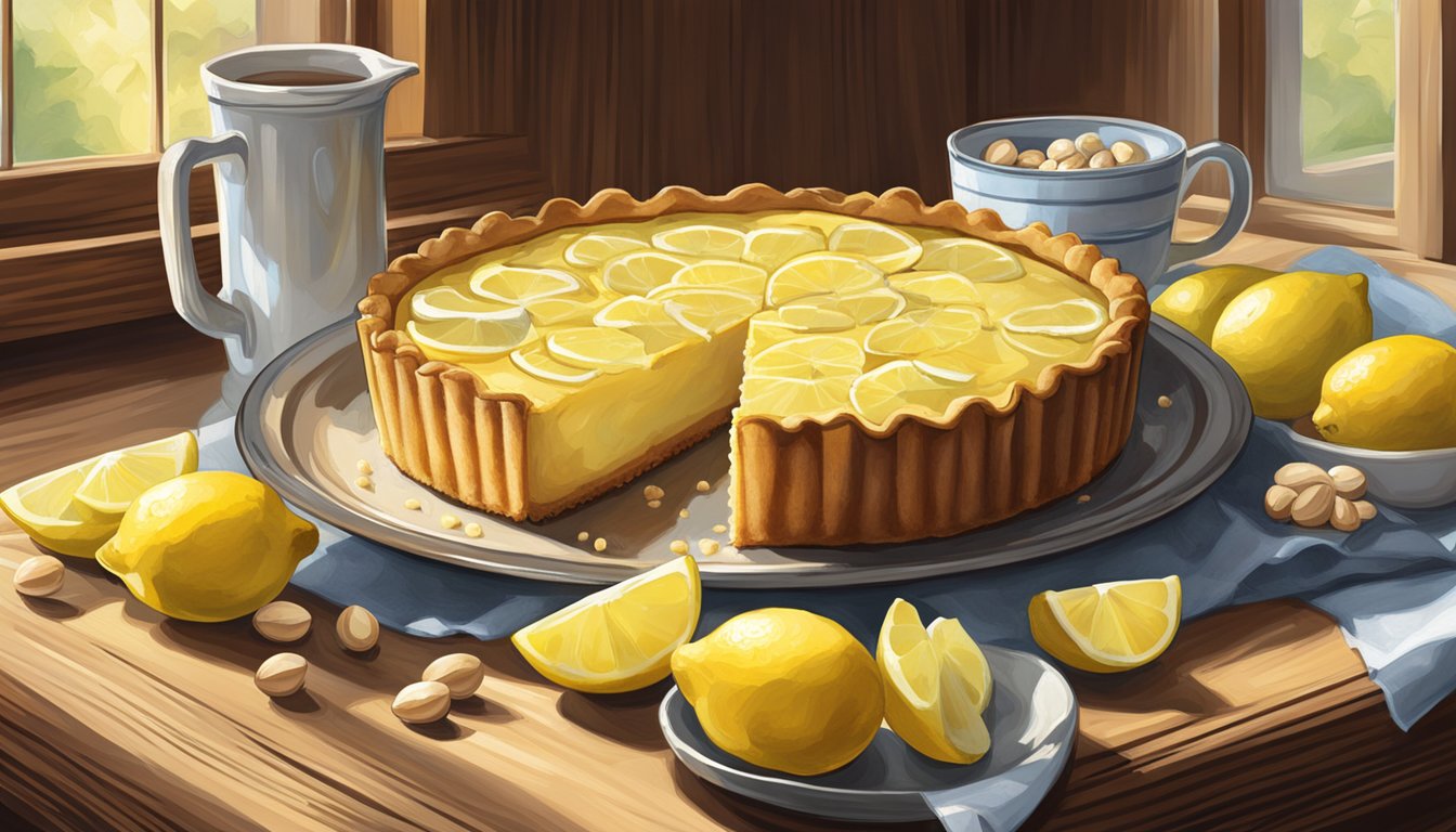 A rustic wooden table with a Texas-style creamy lemon macadamia nut tart surrounded by fresh lemons and macadamia nuts. Sunshine streams through a nearby window, casting a warm glow on the decadent dessert