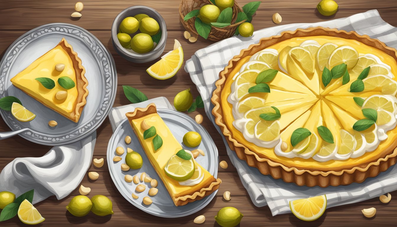 A rustic wooden table adorned with a freshly baked creamy lemon macadamia nut tart, surrounded by vibrant Texas-style ingredients