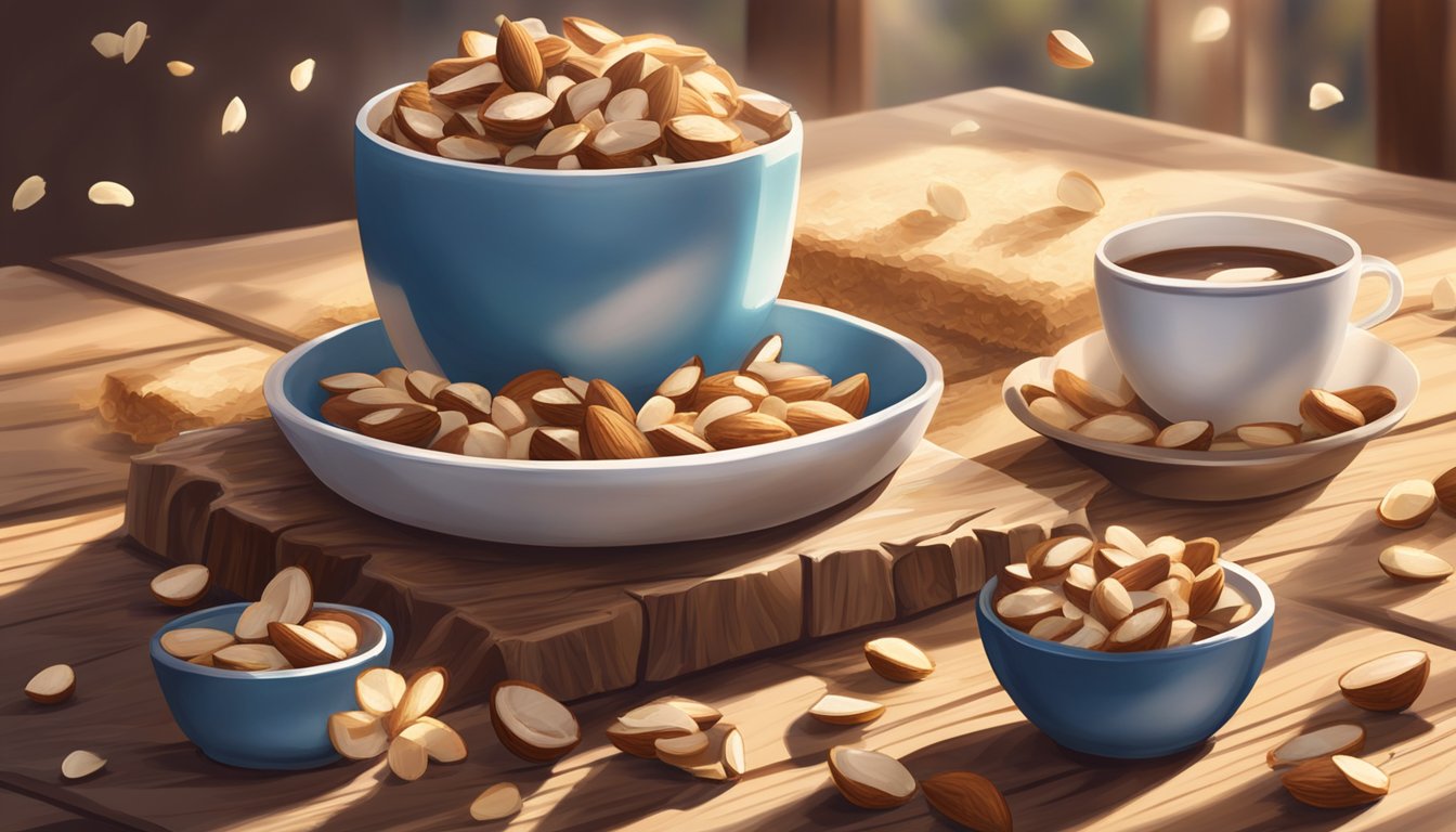 A rustic wooden table displays a pile of almond joy bites surrounded by scattered almonds and coconut shavings. Sunlight filters in, casting warm shadows on the indulgent treats