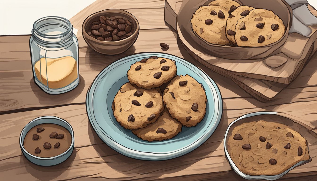 A rustic kitchen counter with a jar of coconut flour, a bowl of almond butter, and a plate of freshly baked Texas-style paleo chocolate chip cookies