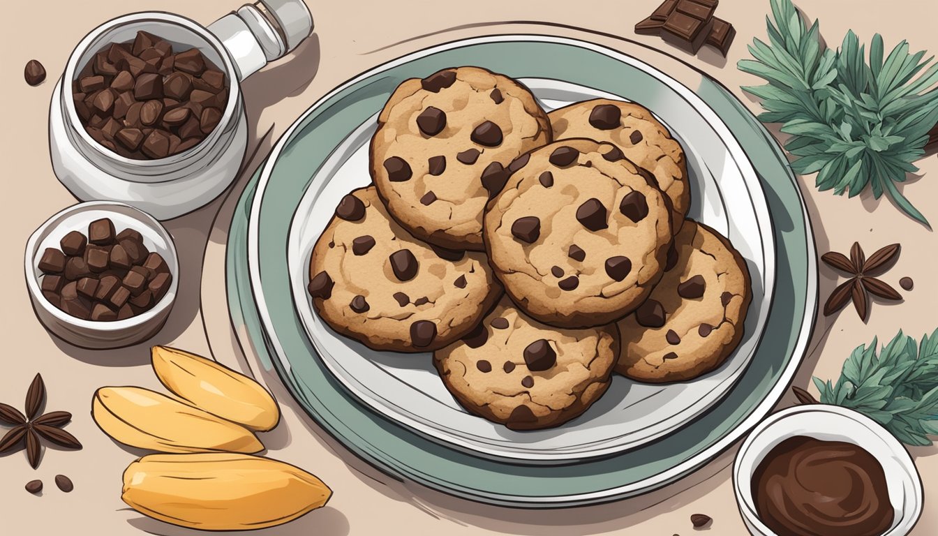 A plate of Texas-style paleo chocolate chip cookies surrounded by fresh ingredients like almond flour, coconut oil, and dark chocolate chunks