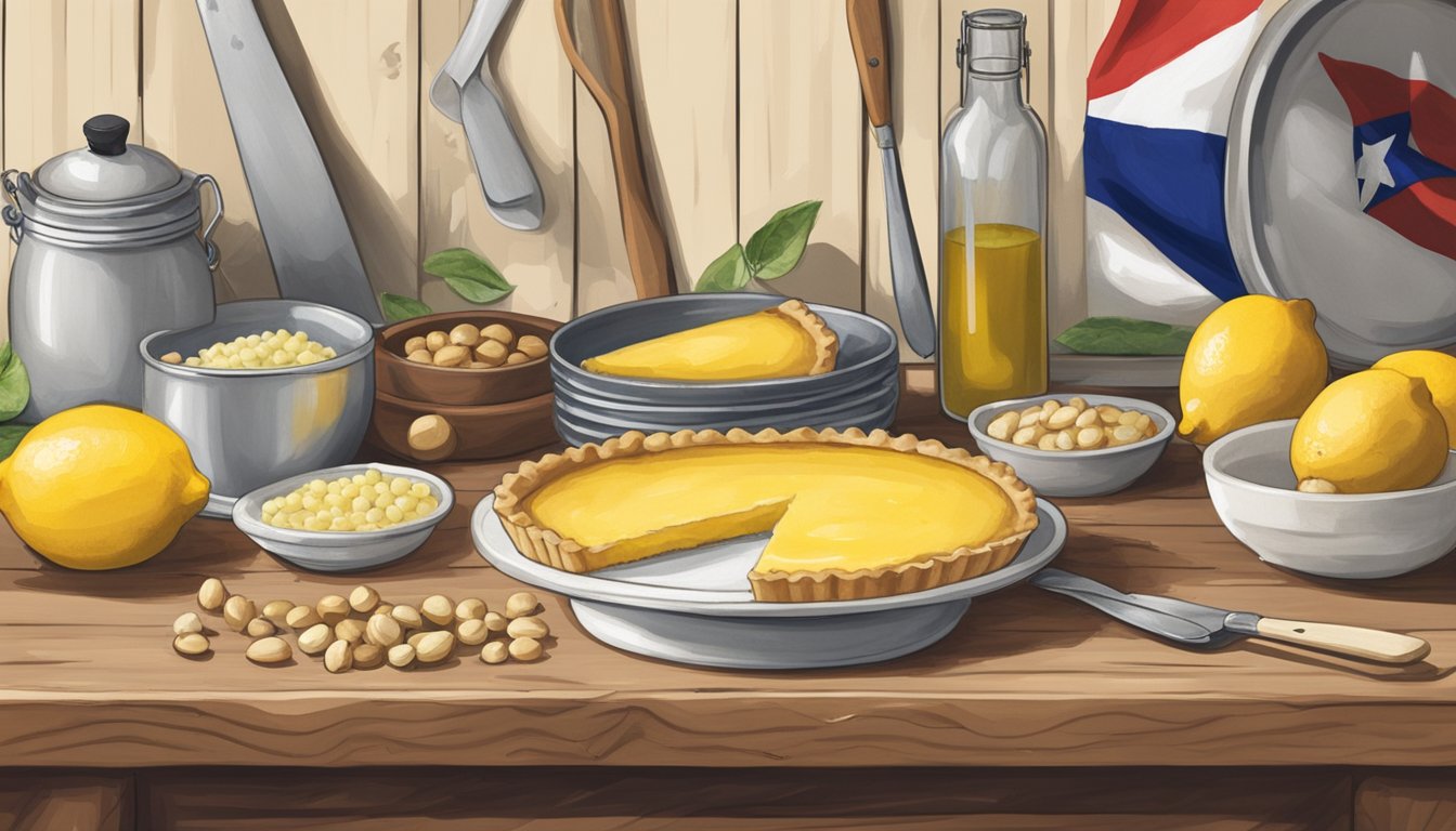 A rustic kitchen counter with scattered ingredients and utensils, a Texas flag hanging in the background, and a creamy lemon macadamia nut tart being prepared