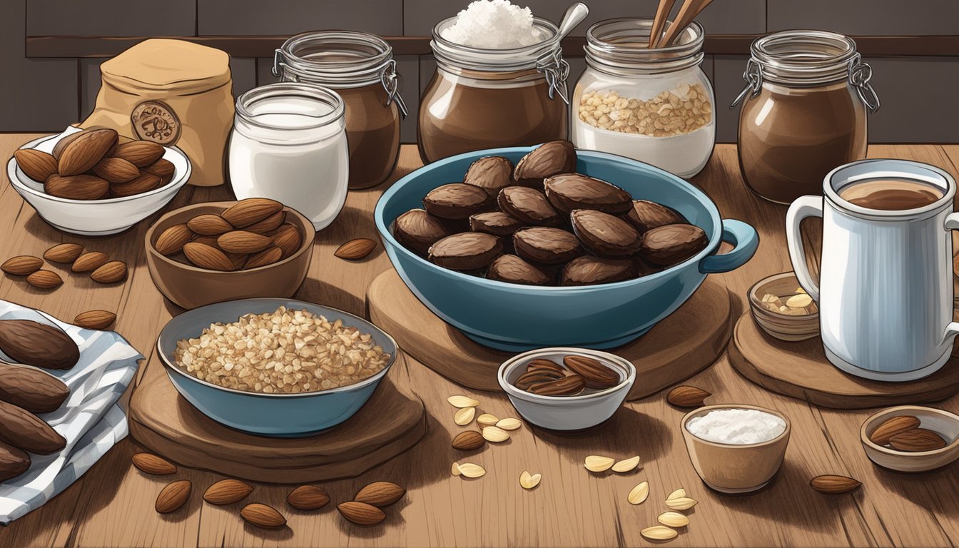 A rustic Texan kitchen with a spread of almond joy bites, surrounded by ingredients like almonds, coconut, and chocolate