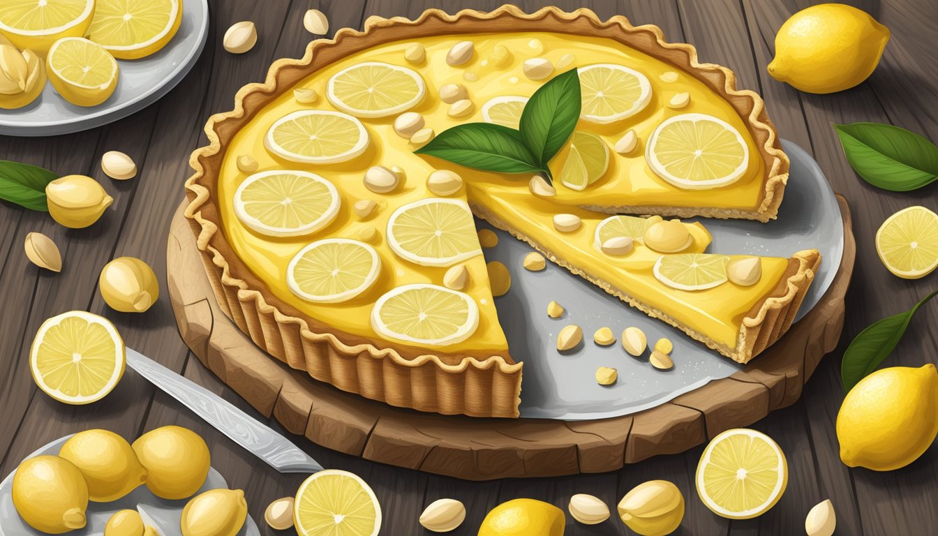 A rustic wooden table set with a creamy lemon macadamia nut tart topped with a golden macadamia nut crust, surrounded by fresh lemon slices and whole macadamia nuts