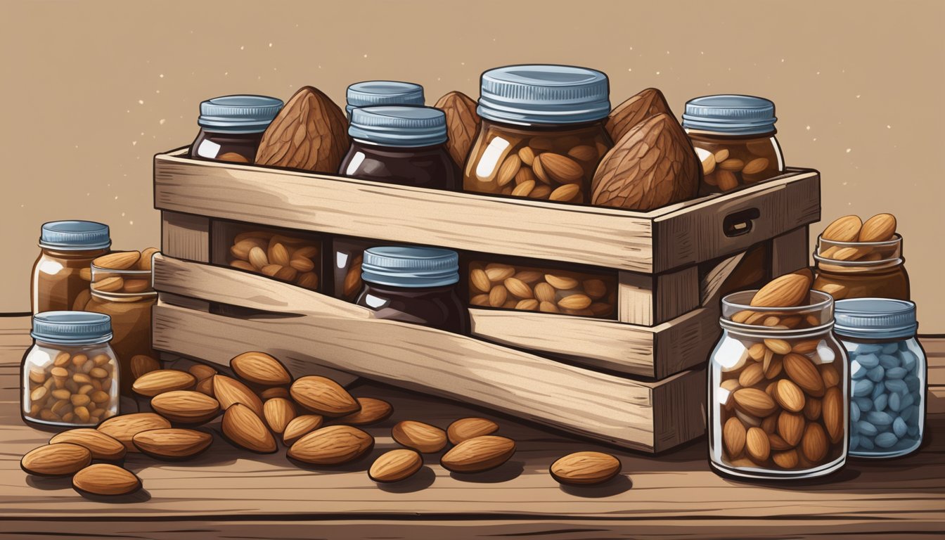 A rustic wooden crate filled with Texas-style almond joy bites, surrounded by jars of preserves and a burlap sack of almonds