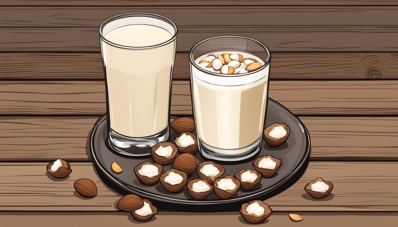 A rustic wooden table set with a plate of Texas-style almond joy bites, surrounded by scattered almonds and a glass of milk