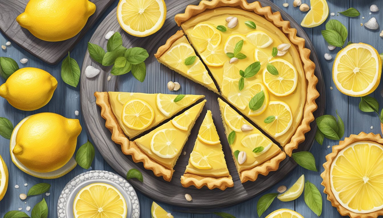 A rustic wooden table adorned with a Texas-style creamy lemon macadamia nut tart, surrounded by vibrant lemon curd and zesty citrus fruits