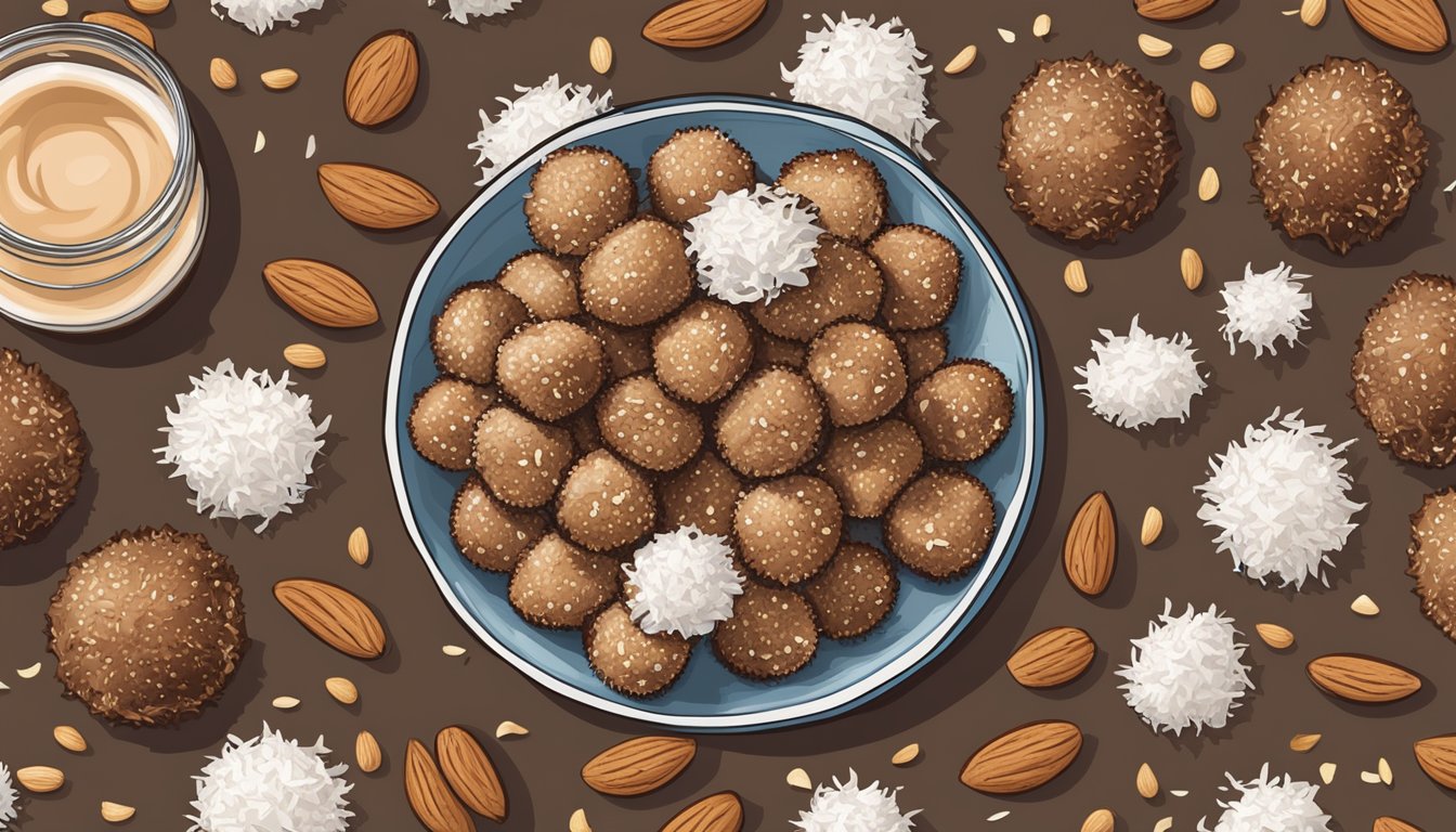 A rustic wooden table with a spread of homemade Texas-style almond joy bites, surrounded by scattered almonds and coconut flakes