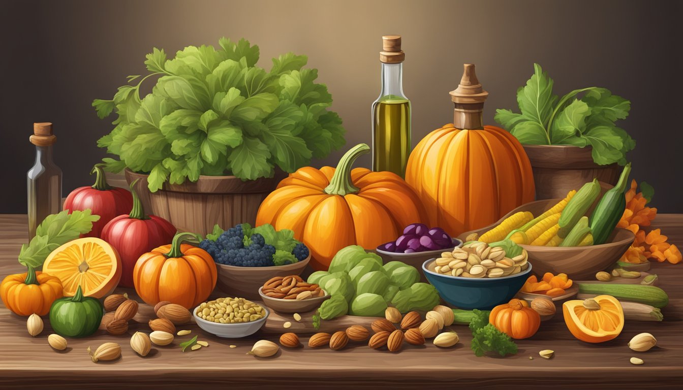 A rustic wooden table set with a colorful array of fresh vegetables, fruits, and nuts, with a bottle of pumpkin seed oil as the centerpiece