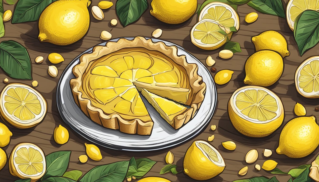 A rustic wooden table set with a freshly baked creamy lemon macadamia nut tart, surrounded by vibrant yellow lemons and a scattering of whole macadamia nuts