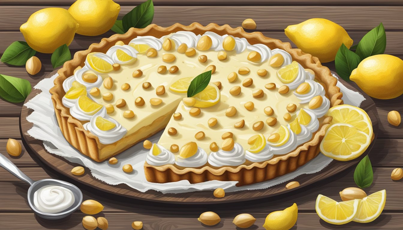 A rustic wooden table adorned with a creamy lemon macadamia nut tart, surrounded by fresh lemons and macadamia nuts, with a dollop of whipped cream on the side