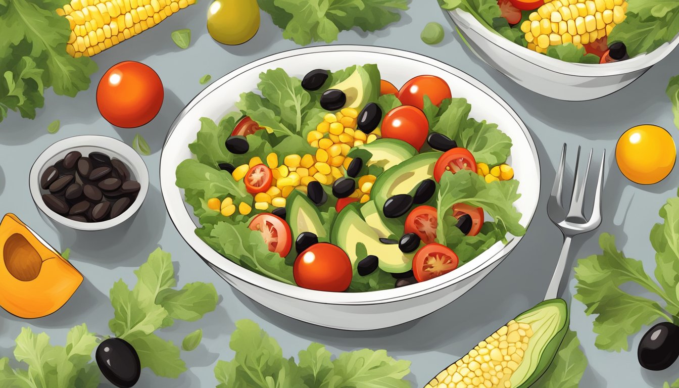 A colorful bowl filled with mixed salad greens, cherry tomatoes, corn, black beans, avocado slices, and a drizzle of pumpkin seed oil