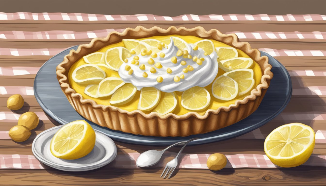 A rustic wooden table with a gingham tablecloth showcasing a creamy lemon macadamia nut tart topped with a dollop of whipped cream and a sprinkle of lemon zest