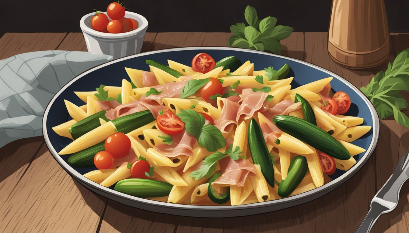 A steaming plate of Texas-style penne topped with prosciutto, cherry tomatoes, and zucchini, set against a rustic backdrop