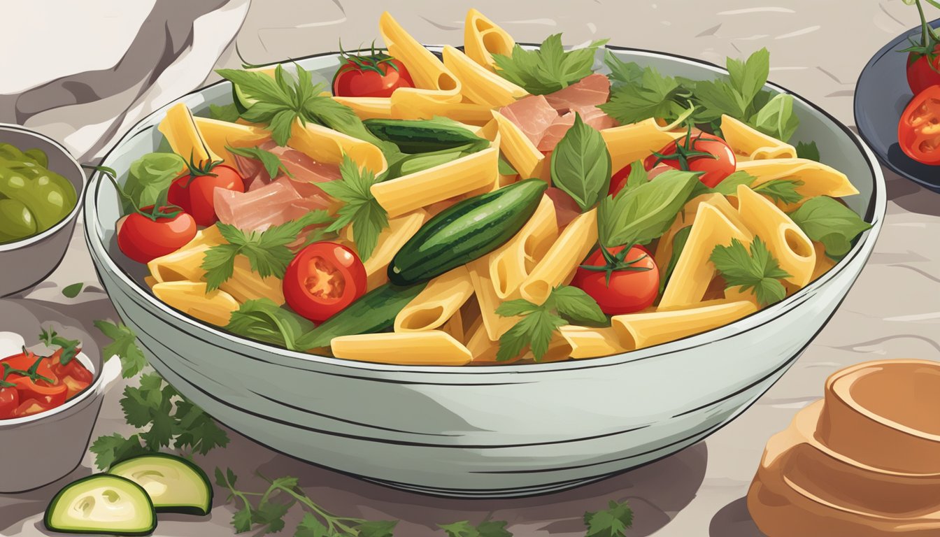 A steaming bowl of penne pasta with prosciutto, cherry tomatoes, and zucchini, surrounded by Texas-inspired ingredients like chili peppers and cilantro