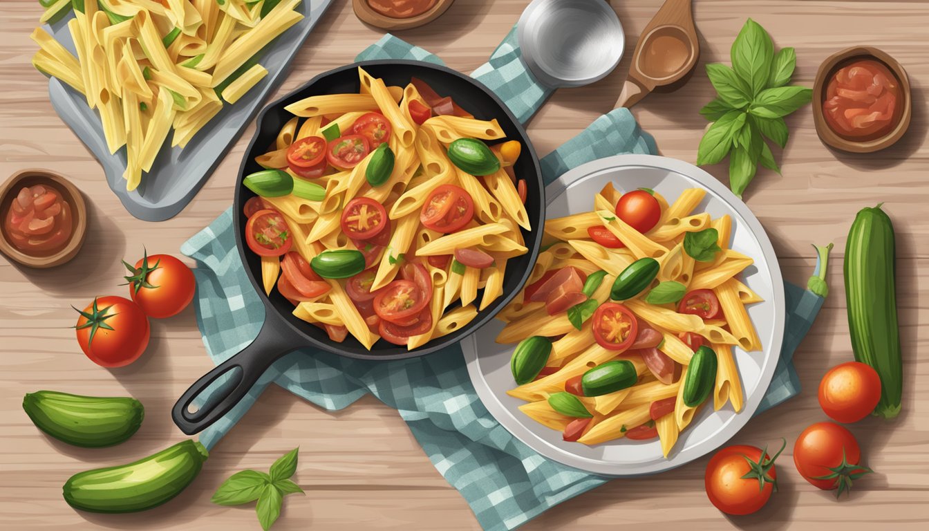 A sizzling skillet with penne, prosciutto, cherry tomatoes, and zucchini cooking in a flavorful Texas-style sauce