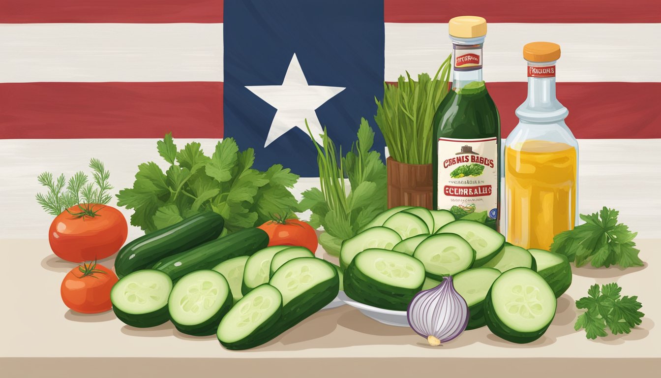 A table set with ingredients for a Texas-style German cucumber ribbon salad, including cucumbers, onions, vinegar, and herbs, with a Texas flag in the background