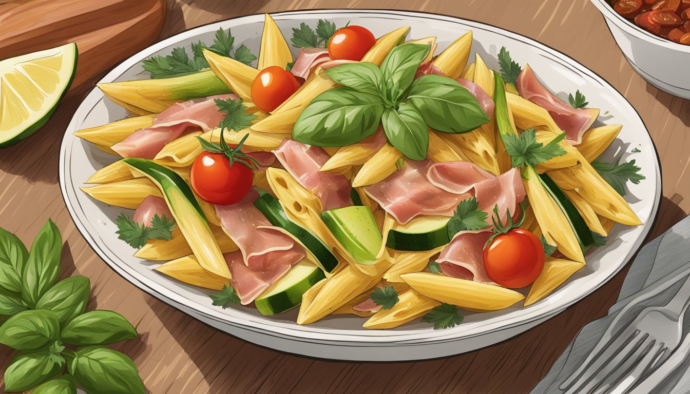 A steaming bowl of Texas-style penne with prosciutto, cherry tomatoes, and zucchini, surrounded by fresh herbs and spices