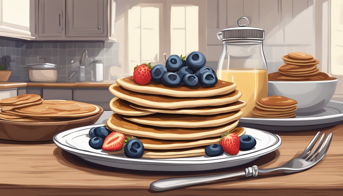 A rustic kitchen table set with a stack of Texas-style baked pancakes topped with almond butter and fresh berries