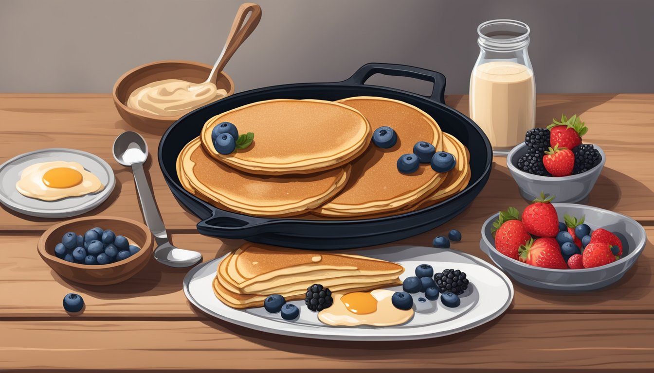 A rustic wooden table set with a cast iron skillet filled with baked pancakes topped with almond butter and fresh berries