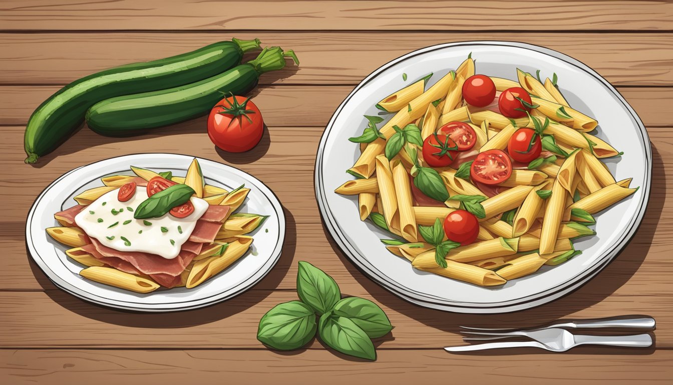 A rustic wooden table with a white plate showcasing a Texas style penne dish, garnished with prosciutto, cherry tomatoes, and zucchini