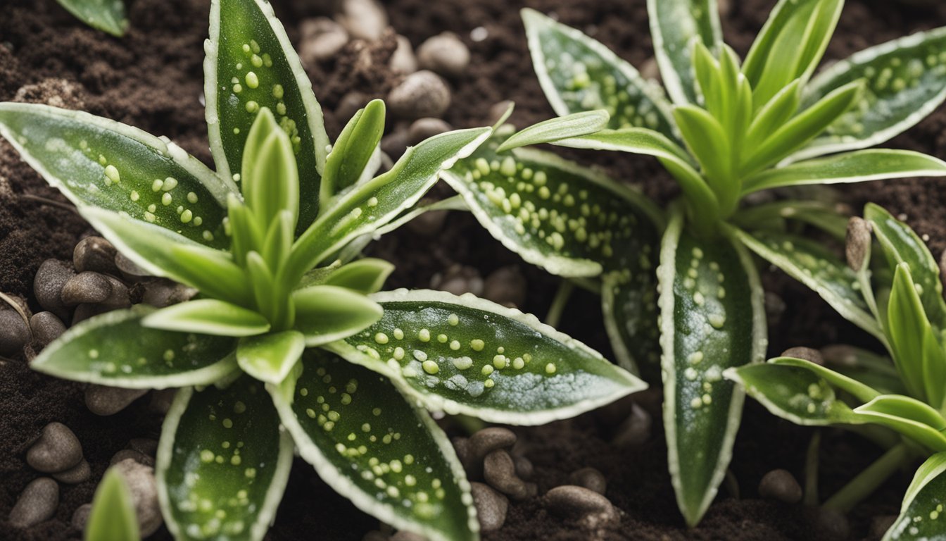 A vibrant Ledebouria socialis plant in well-draining soil, labeled "Well-draining soil for Silver Squill."