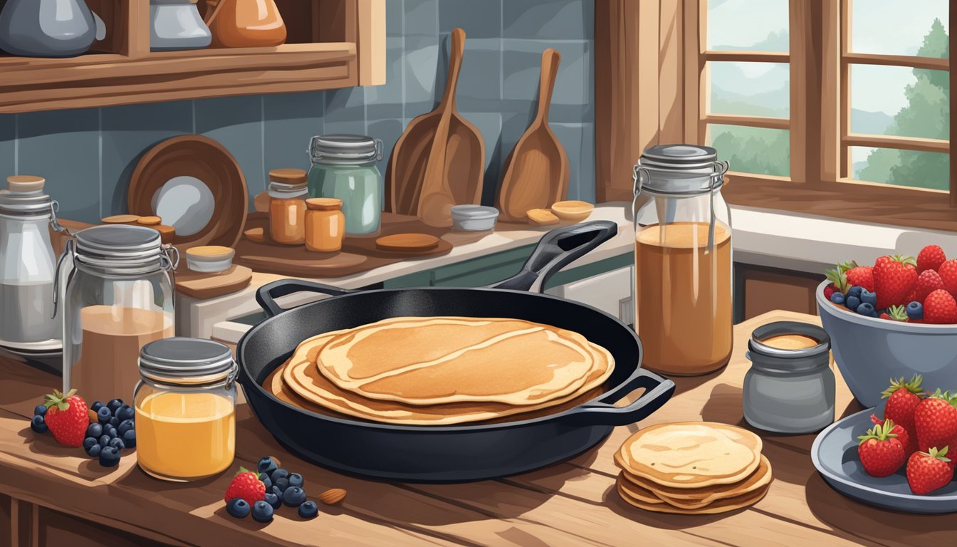 A rustic kitchen with a cast iron skillet on a stove, filled with sizzling pancake batter, surrounded by jars of almond butter and fresh berries