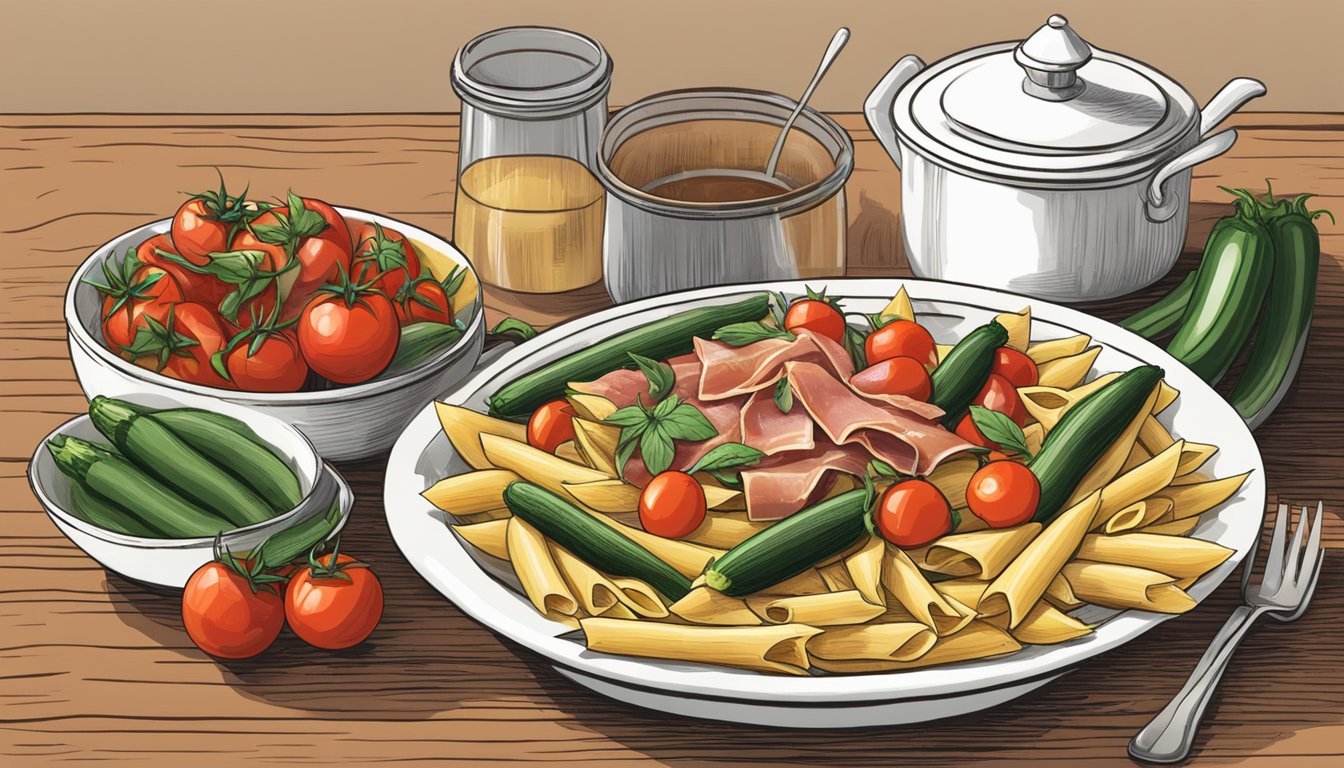 A rustic kitchen table set with a steaming bowl of Texas-style penne pasta topped with prosciutto, cherry tomatoes, and zucchini