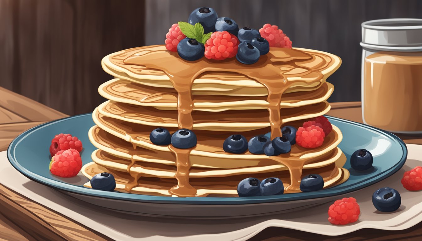 A stack of Texas-style baked pancakes topped with almond butter and fresh berries on a rustic wooden table