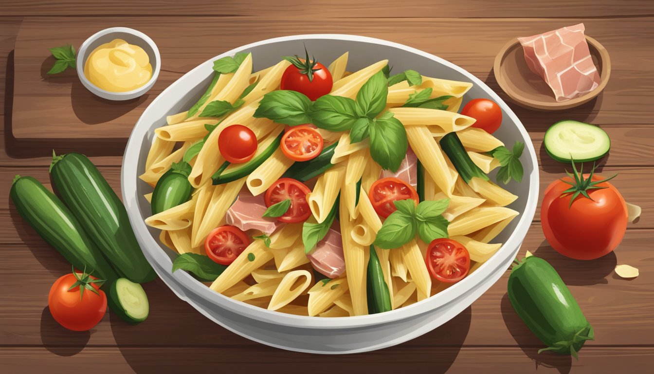 A steaming bowl of penne with prosciutto, cherry tomatoes, and zucchini sits on a rustic wooden table, surrounded by fresh ingredients