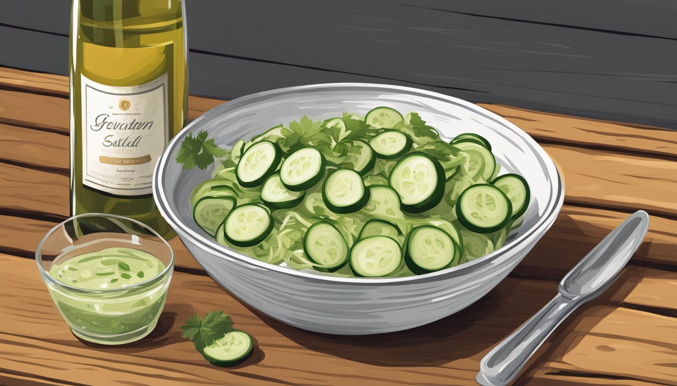 A rustic wooden table set with a bowl of freshly made German cucumber ribbon salad, alongside a bottle of Texas-style dressing and a glass of white wine