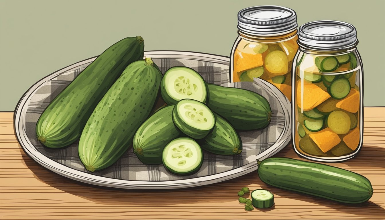 A rustic wooden table with a checkered tablecloth holds a bowl of freshly sliced cucumbers, a jar of pickling spices, and a vintage mason jar filled with homemade vinaigrette