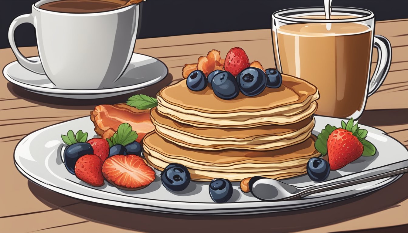 A plate of Texas-style baked pancakes topped with almond butter and fresh berries, accompanied by a side of sizzling bacon and a steaming cup of coffee