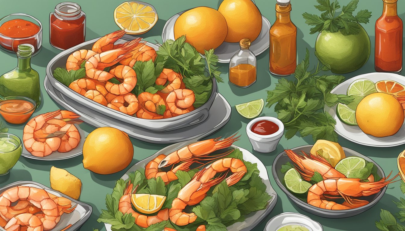 A table spread with fresh shrimp, diced vegetables, and citrus fruits, surrounded by bottles of hot sauce and herbs